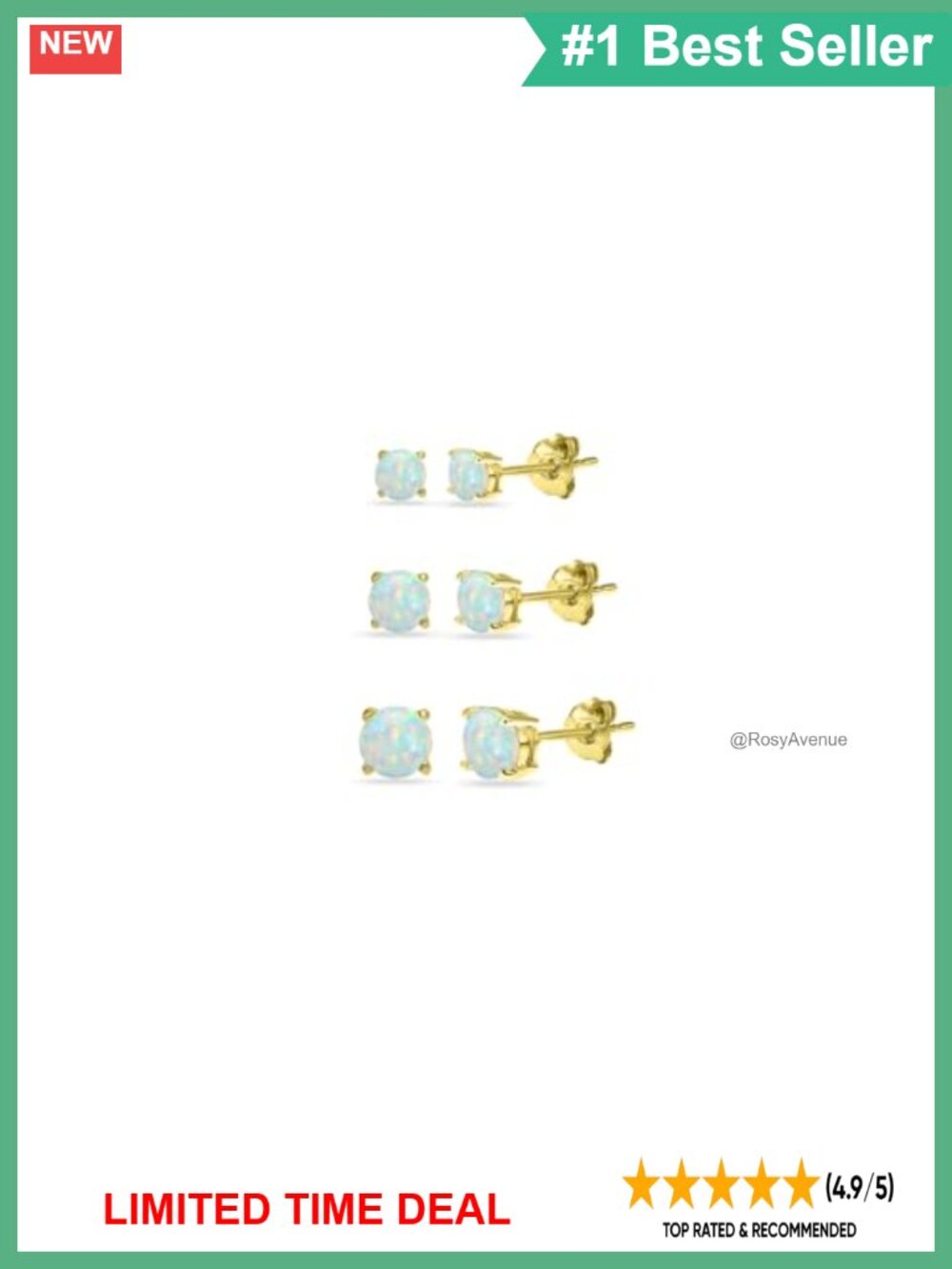 Sterling Silver Birthstone Stud Earrings Set 3-5mm Round Synthetic White Opal